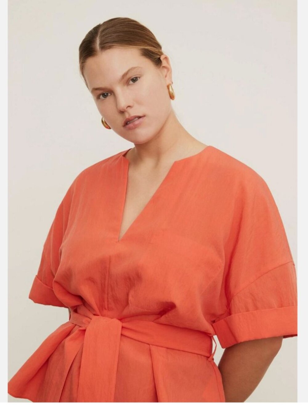 Vince Women's Red Orange Short Sleeve Cuffed V-Neck Kimono Blouse